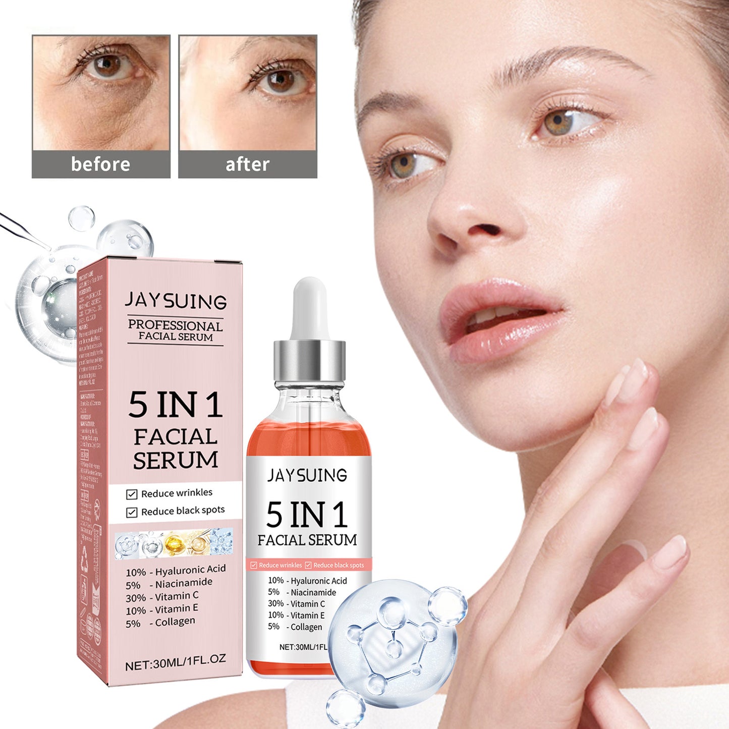 5 In 1 Facial Serum,30 Vitamin C Face Serum,Anti Aging Reduces Wrinkles Hydrating Collagen Facial Serum With Niacinamide,,Hyaluronic Acid, Vitamin E