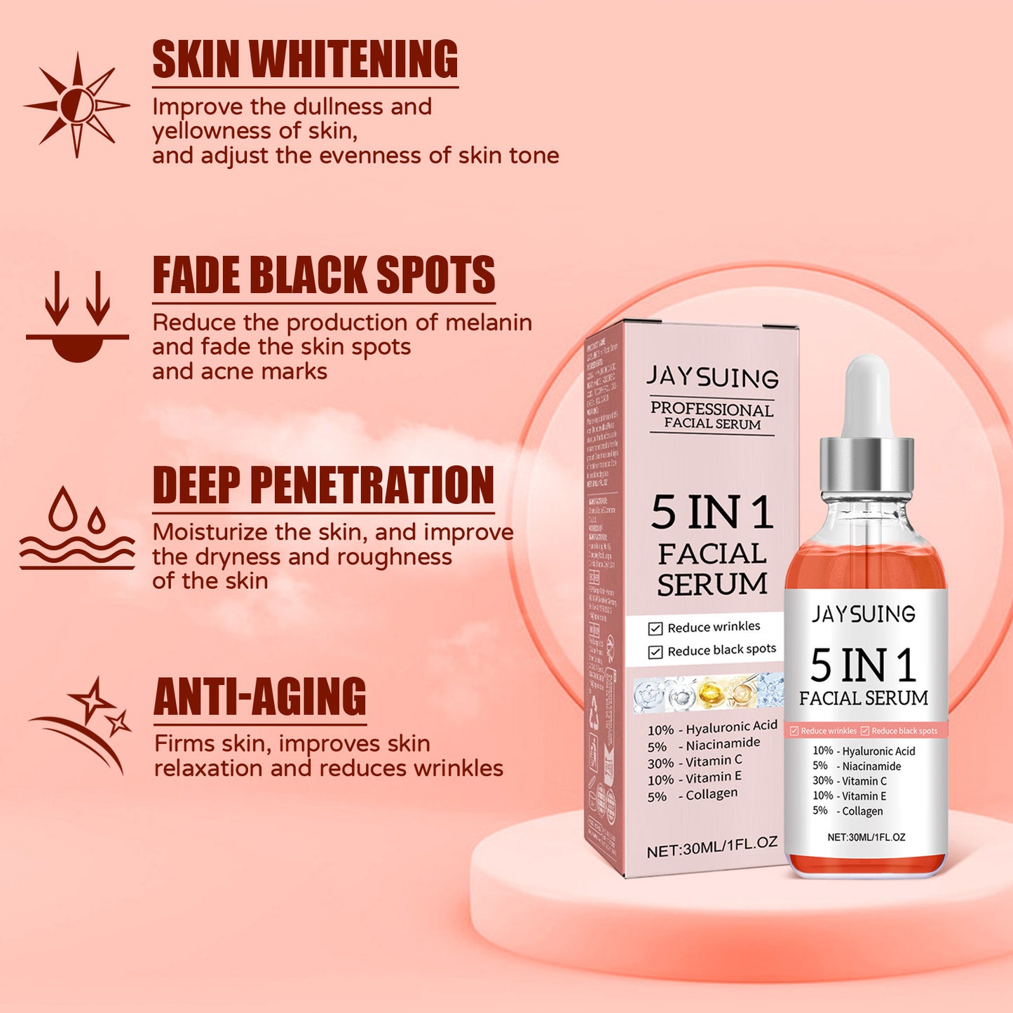 5 In 1 Facial Serum,30 Vitamin C Face Serum,Anti Aging Reduces Wrinkles Hydrating Collagen Facial Serum With Niacinamide,,Hyaluronic Acid, Vitamin E