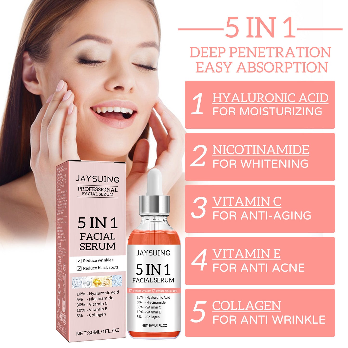 5 In 1 Facial Serum,30 Vitamin C Face Serum,Anti Aging Reduces Wrinkles Hydrating Collagen Facial Serum With Niacinamide,,Hyaluronic Acid, Vitamin E